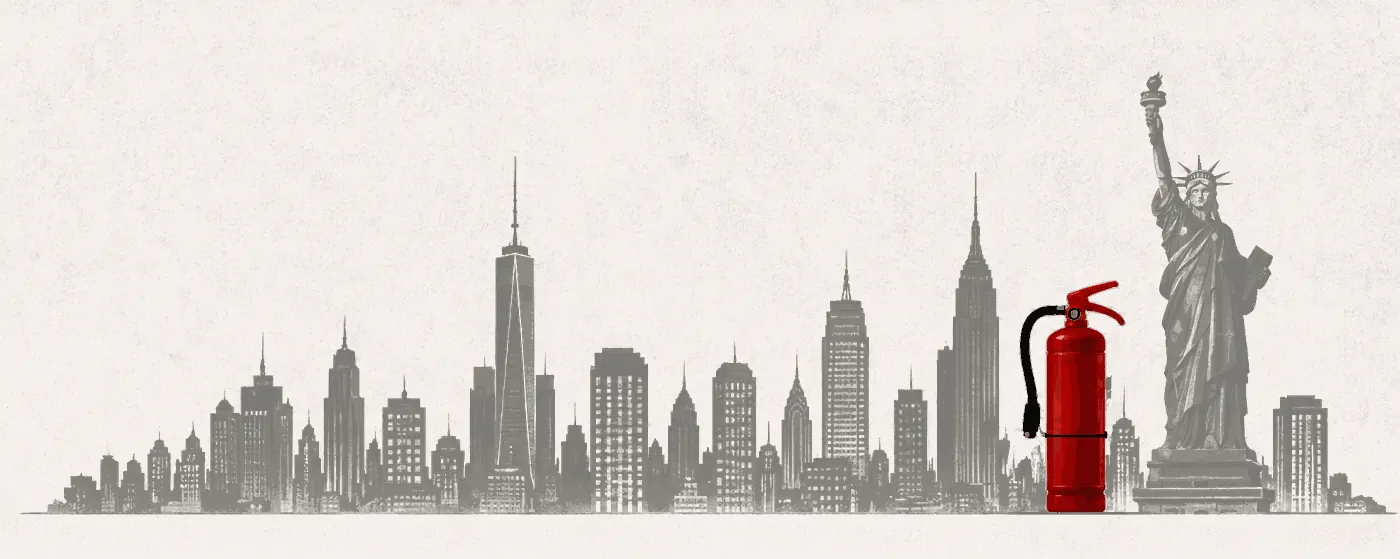 New York City skyline with a red fire extinguisher