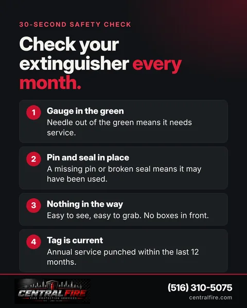 Check your extinguisher every month: gauge, pin and seal, access and tag.